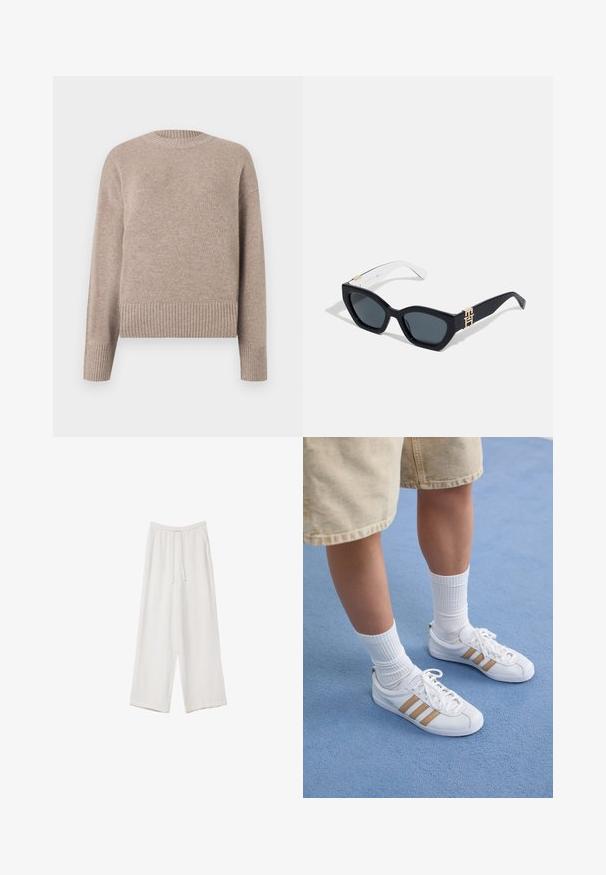 Pull en tricot beige avec un col rond, des poignets et un ourlet côtelés. Texture douce et coupe décontractée, adapté pour un usage décontracté.; Pantalons larges blancs en tissu léger. Dotés d'une taille élastique avec cordon de serrage et de poches latérales. Texture lisse.; Baskets blanches avec trois bandes dorées, lacées, semelle en caoutchouc, portées avec des chaussettes blanches côtelées et un short beige sur une surface bleue.; Tommy Hilfiger Lunettes de soleil - blue