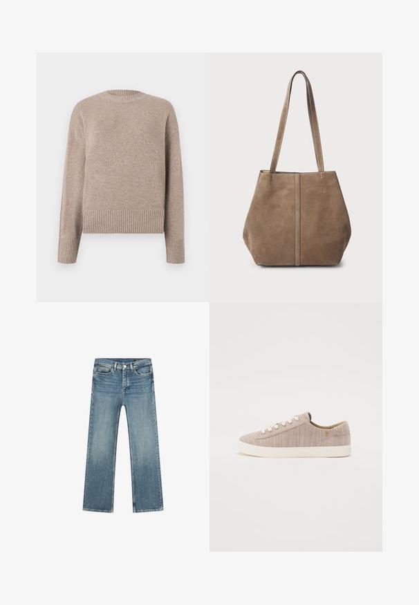 Beiger Strickpullover mit Rundhalsausschnitt, gerippten Bündchen und Saum. Weiche Textur und lockere Passform, geeignet für die Freizeit.; Helle blaue Jeans aus Denim mit geradem Schnitt, Fünf-Taschen-Design und Kontrastnähten. Enthält einen Reißverschluss und einen Metallknopfverschluss.; Hellbeige Leinenschuhe mit einer strukturierten Oberfläche, runder Zehenpartie, weißen Ösen und einer crèmefarbenen Gummisohle. Minimalistisches Design mit dezenten Akzenten.; Braune Wildleder-Tote-Tasche mit zwei langen Griffen, vertikalen Nahtdetails an der Vorderseite und einer weichen Textur. Geräumiges Design, das sich für den täglichen Gebrauch eignet.