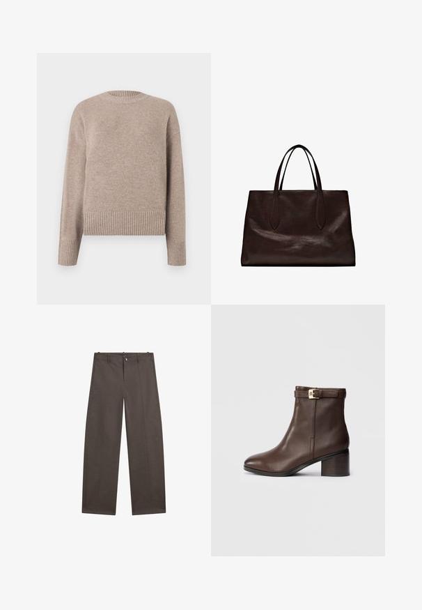 Beige pletený svetr s kulatým výstřihem, manžetami a lemem s žebrováním. Měkká textura a volný střih, vhodný pro každodenní nošení.; Široké kalhoty ve tmavě hnědé látce. Mají zapínání na knoflík, dvě přední kapsy a hladkou texturu s čistými švy.; Hnědá kožená kotníková bota s kulatou špičkou, nízkým blokovým podpatkem a dekorativním páskem se sponou kolem kotníku. Hladká textura a elegantní design.; Massimo Dutti Kabelka - brown