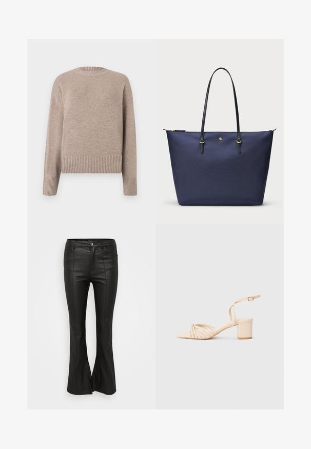 Bež pleteni džemper s okruglim izrezom, rebrastim manžetama i rubom. Mekana tekstura i opušteni kroj, pogodno za ležernu odjeću.; Crne hlače s flared krojem, sjajnom, kožnom teksturom, s prednjim džepovima, kopčanjem na gumb i bočnim prorezima na rubu.; Bež sandale s potpeticom na remenčiće, kvadratnom nosu, uvijenim dizajnom sprijeda, naramenicom oko zapešća i blok potpeticom. Glatka tekstura, minimalistički stil.; Tamno plavi torba za rame od teksturiranog materijala, sa crnim kožnim drškama i zlatnim akcentima. Zatvaranje na patentni zatvarač na vrhu.