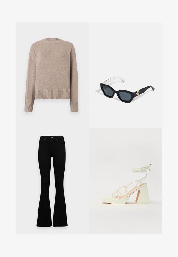 Beige knit sweater with a round neck, ribbed cuffs, and hem. Soft texture and relaxed fit, suitable for casual wear.; Black high-waist jeans with a button and zip closure, front pockets, and flared legs laid flat on a white background.; White high-heeled sandal with a chunky heel, featuring a strappy design and ankle tie. Smooth texture with a platform front for added height.; Tommy Hilfiger Sunglasses - blue