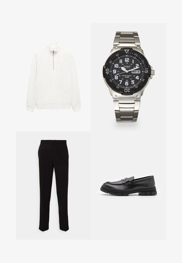 Mango WINNE - Sweatshirt - off-white; Two sleeveless tops: one white and one light gray. Both have a smooth, fitted design with a round neckline. Label reads "YOURTURN."; Black trousers with a straight fit, featuring a smooth texture and no visible patterns or hardware. Classic design with a clean silhouette.; Black leather loafers with a smooth finish, featuring a front strap detail and a chunky rubber sole with grooved accents.; Metal quartz watch with a black face, white numerals, and date display. Features a stainless steel band and a water resistance of 100m.