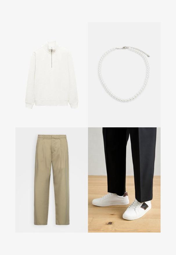 Mango WINNE - Felpa - off-white; Pantaloni beige a vita alta con taglio dritto, dotati di una parte frontale liscia, tasche laterali e un tessuto morbido e testurizzato.; Sneakers bianchi dalla texture liscia, con dettagli in pelle marrone e particolari neri, abbinati a pantaloni neri su misura. Sfondo in parquet.; Collana di perle bianche con forma rotonda uniforme, superficie liscia e chiusura in metallo con catena di estensione per lunghezza regolabile.