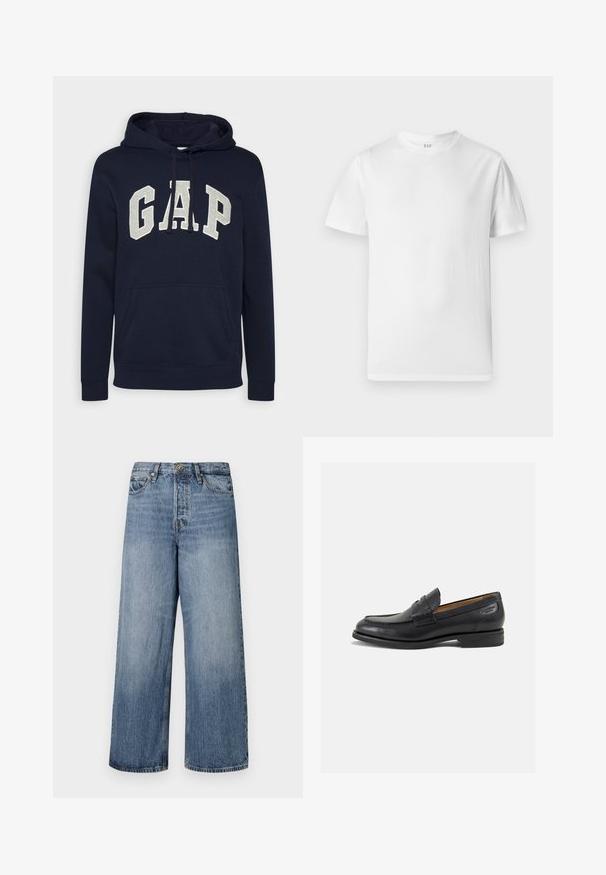 Marineblaue Baumwollkapuzenjacke mit einem großen, hellgrauen "GAP"-Logo, einer vorderen Tasche und Kordeln an der Kapuze. Klassisches Design mit gerippten Bündchen.; Weißes kurzärmliges T-Shirt aus weicher Baumwolle. Verfügt über einen runden Halsausschnitt und einen geraden Saum mit minimalen Details.; Weite blaue Denim-Jeans mit einer ausgewaschenen Optik, Fünf-Taschen-Design und einer Knopfverschluss. Ausgestattet mit Gürtelschlaufen und gestickten Details.; Schwarze Leder Slipper mit glatter Oberfläche, runder Spitze und dekorativer Naht auf dem Vorderblatt. Niedriger Blockabsatz und leichter Glanz.