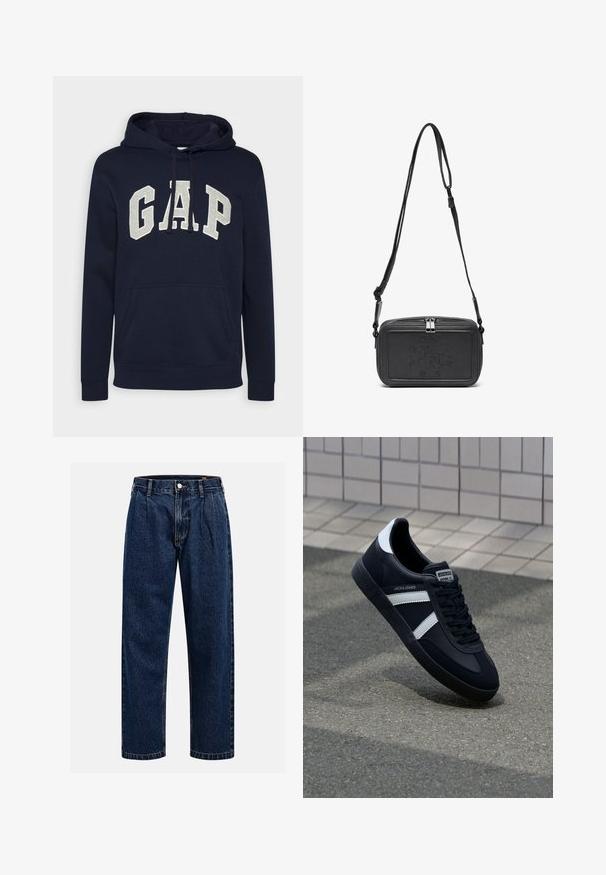 Tumši zilas krāsas kokvilnas sudrabvīrs ar lielu, gaiši pelēku "GAP" logotipu, priekšējo kabatu un auklītēm uz kapuces. Klasisks dizains ar ribotām piedurknēm.; Krēmkrāsas kokvilnas T-krekls ar īsām piedurknēm un apaļu kakla izgriezumu. Ar zilas un sarkanas krāsas grafisku druku, kas ietver tekstu un motīvu.; Tumši zilie džinsu bikses ar taisna kāju dizainu. Iezīmējas redzamas šuves, pogu aizdare un priekšējie gurni papildu detaļām.; Melnā ādas sporta apavi ar baltām svītrām, teksturēta gumijas zole un auklu aizdare. Iekļauj zīmola etiķeti uz mēles.; Melna ādas soma uz pleca ar zīmolu, slēdzamu rāvējslēdzēju un regulējamu siksnu. Gluda tekstūra un taisnstūru forma.