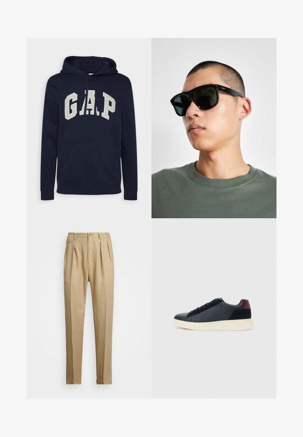 Kraljevo modra bombažna kapuca z velikim svetlo sivim logotipom "GAP", sprednjim žepom in vrvicami na kapuci. Klasičen dizajn z rebrastimi manšetami.; Beige lanene hlače s ravnim krojem, ki imajo dva sprednja pregiba, gumbasto zapiranje in stranske žepi. Teksturna tkanina z gladkim zaključkom.; Nizke moške tenisice iz črnega usnja in semiša z vijoličnim petnim delom in belim gumijastim podplatom, prikazane s sprednje strani.; Črne pravokotne sončna očala s temnimi lečami, ki imajo značilno obliko in blagovno znamko na ročaju. Nosijo jih oseba v zeleni majici.