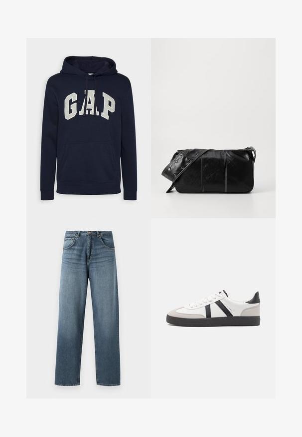 Námořnická modrá bavlněná mikina s velkým, světlým šedým logem "GAP", přední kapsou na klobouček a šňůrkami v kapuci. Klasický design s žebrovanými manžetami.; Džíny s rovnými nohavicemi, modré jeansy s vybledlým vzhledem, s pěti kapsami, kovovým knoflíkem a poutky na opasek. Strukturovaná, středně těžká látka.; Bílé tenisky s černými a šedými akcenty, opatřené texturovaným šedým prstovým krytem, černou gumovou podrážkou a plochými bílými tkaničkami. Čistý design, minimalistický styl.; Černá kožená kabelka přes rameno se zapínáním na zip, s texturovaným tělem, bílým prošíváním a popruhem se stříbrnými očky.