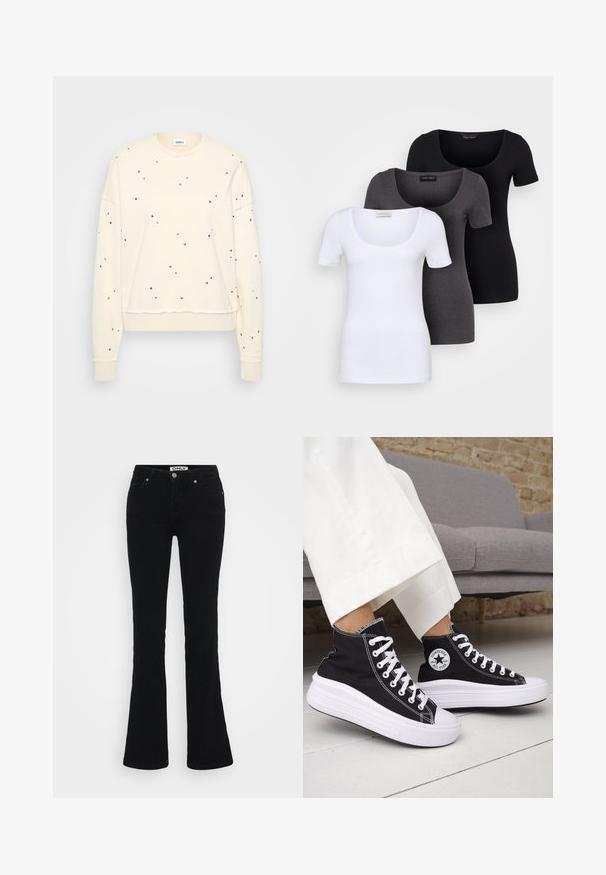 Felpa color crema con maniche lunghe, decorata con chiodini metallici sparsi, polsini a costine e scollatura rotonda.; Tre T-shirt aderenti in bianco, grigio e nero. Ognuna presenta un ampio scollo a barca e maniche corte. Realizzate in un tessuto morbido e elastico.; Jeans neri a zampa d'elefante in denim, caratterizzati da un classico design a cinque tasche, hardware argentato e chiusura a bottone in vita.; Sneakers nere alte con suole e lacci in gomma bianca. Presentano una toppa con logo rotondo e cuciture a contrasto bianche. Materiale in tela.