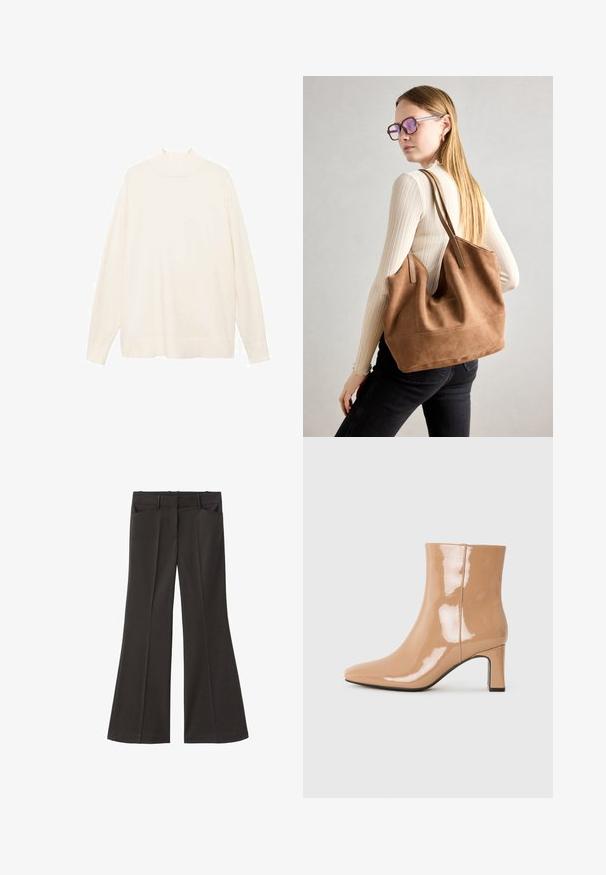 Kremno obarvana dolgi rokavi turtleneck pulover z sproščenim krojem, mehkimi materiali in minimalističnim dizajnom. Ima visok ovratnik in rebraste manšete.; Črne razširjene hlače z visokim pasom; vključujejo dva sprednja žepa in gladko teksturo tkanine. Primerne za različne priložnosti.; Nude patentne gležnjarje z ostrim nosom, bleščečo površino in srednje visokim blok peto. Gladka tekstura in eleganten silhuet.; Rjava semišna torba z mehko teksturo, velikim odprtjem in dolgimi ročaji. Ima preprost dizajn z vidnim šivanjem in brez okovja.