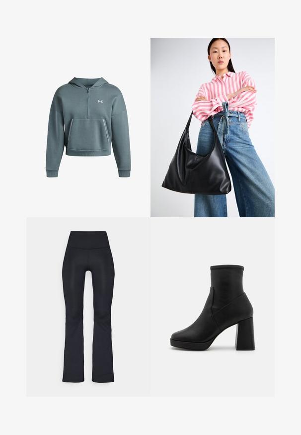 Felpa corta con maniche in verde teal, con zip parziale frontale, tasca frontale e logo bianco sul petto. Realizzata in un morbido tessuto testurizzato.; Leggings svasati neri realizzati in un tessuto elasticizzato con vita alta. Presentano una texture liscia e dettagli di cucitura minimi.; Stivaletto in pelle nera con tacco a blocco alto, texture liscia e fascia superiore aderente. Presenta un design senza cuciture senza fissaggi visibili.; Borsa a spalla in pelle nera con una forma morbida e dettagli sulle cuciture. Il modello indossa una camicia a righe rosa e bianche con jeans a gamba larga blu.