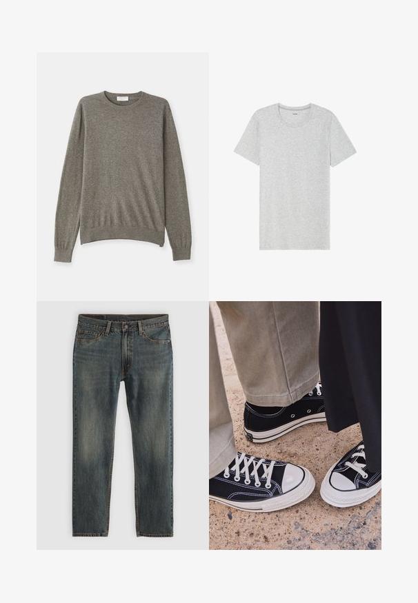 Suéter gris hecho de una tela suave con cuello redondo, mangas largas y puños y dobladillo acanalados. Presenta un diseño simple y limpio.; Camiseta gris de manga corta, hecha de un tejido suave y ligero. Con dobladillo recto, diseño clásico de cuello redondo y una sutil textura jaspeada.; Jeans de mezclilla azul con un diseño de pierna recta, que cuentan con un estilo clásico de cinco bolsillos, acentos de costura y un acabado ligeramente desgastado.; Zapatillas de lona negras con punteras y cordones de goma blanca. Las costuras en contraste y los ojales de metal añaden detalle. Llevadas con pantalones beige y tela negra.