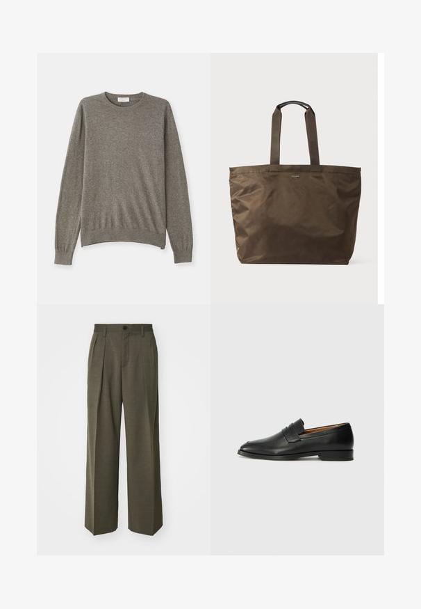 Maglione grigio realizzato in un morbido tessuto, con scollatura a girocollo, maniche lunghe e polsini e orlo ribattuti. Presenta un design semplice e pulito.; Filippa K WIDE TROUSERS - Pantaloni - driftwood; Mocassino in pelle nera con punta arrotondata, dettagli cuciti sottili e tacco basso, caratterizzato da una texture liscia e un design minimalista.; Borsa tote in nylon marrone con due manici in tessuto e una superficie liscia. Presenta un branding minimale sul fronte.