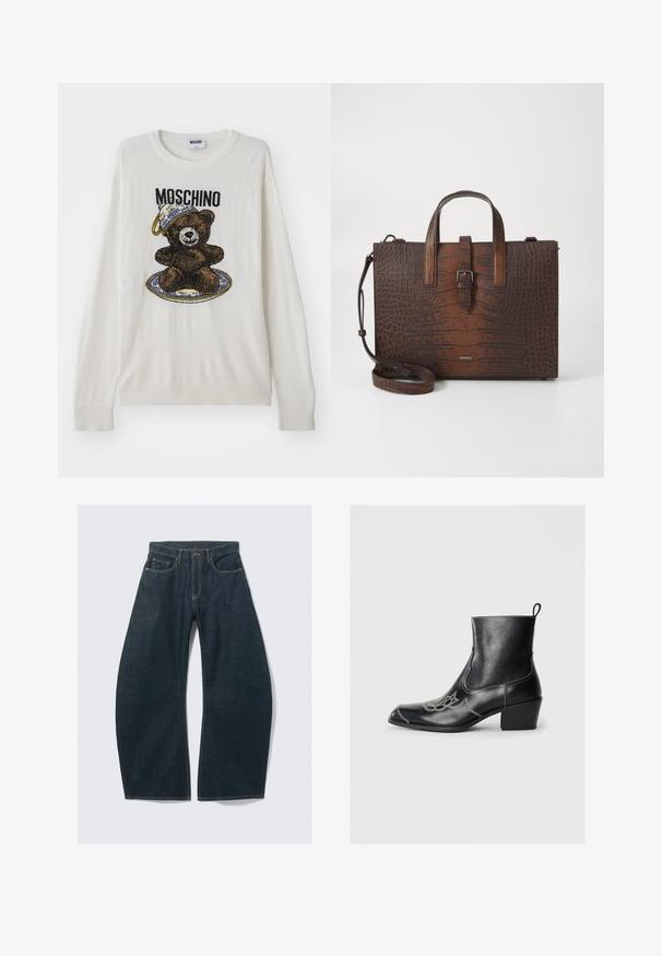 Vit stickad tröja med ett björnmotiv som bär en hatt och en tallrik, svarta och bruna detaljer samt ribbade muddarna och nederkanten. Moschino-logotypen synlig.; Mörkblå jeans med vida ben i denim, med fem fickor, synliga sömmar, knappstängning och en ren finish.; Svarta läderankelstövlar med fyrkantig tå, dekorativ sömnad och låg blockklack. Utrustad med en dragrem för enkel påtagning.; Brun kloakdjursprents läderhandväska med topphandtag och en avtagbar axelrem. Har en spänne stängning och rektangulär form.