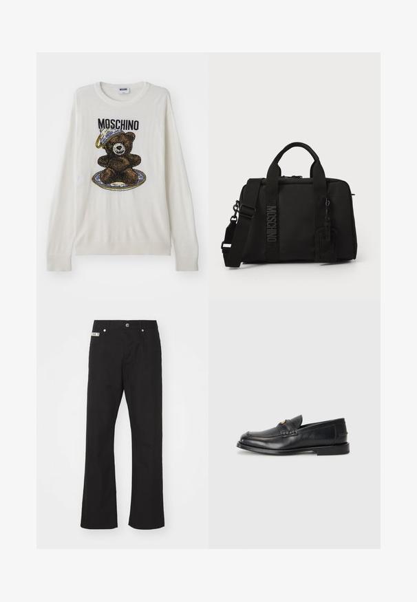 White knit sweater featuring a bear graphic with a hat and plate, black and brown detailing, and ribbed cuffs and hem. Moschino label visible.; Black cotton trousers with a straight-leg design, featuring a front button closure, two side pockets, and a small brand label on the waistband.; Black leather loafers feature a rounded toe, stitched detailing, and a small gold accent on the front. The sole is flat and discreet.; Black textile bag with dual handles and detachable shoulder strap. Features embossed logo and leather tag. Smooth texture, rectangular shape.