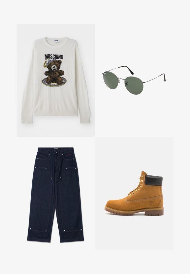 Weißer Strickpullover mit einem Bärenmotiv, der einen Hut und einen Teller trägt, mit schwarzen und braunen Details sowie gerippten Bündchen und Saum. Moschino-Etikett sichtbar.; Dunkelblaue weit geschnittene Jeanshose mit zwei vorderen Taschen, silbernen Hardware-Details und kontrastierendem roten Nähten. Sie verfügt über einen Knopfverschluss und ein Markenlogo.; Beige Wildleder-Ankle-Boot mit schwarzem gepolstertem Kragen, goldenen Metallösen, weißen Nähdetalben und einer robusten Gummisohle mit ausgeprägtem Profil.; Metallgestellte Sonnenbrille mit ovalen grünen Gläsern. Dünner silberner Metallrahmen und schwarze Ohrstücke. Minimalistisches Design, keine sichtbaren Logos.