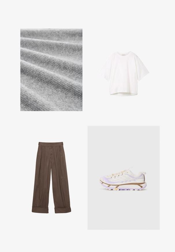 Vaaleanharmaa kangas, jossa on hienostunut rakenne, pehmeitä laskoksia ja hieman kirjokuvioinen pinta, kuvastaen kodikasta ja lämmintä ilmettä.; Valkoinen lyhythihainen t-paita, jossa on pyöreä pääntie, rento istuvuus ja hieman kaareva helma. Valmistettu sileästä ja pehmeästä kankaasta, jossa on minimaalinen sauma.; Ruske leve hlače širokega kroja iz bombaža, z gumbnim zapiranjem, gubanimi sprednjimi deli in zavihanimi robovi za sproščen videz.; Kevyt juoksukengät, joissa on kerma- ja laventelinvärinen verkkopäällinen, vahvistettu kumipohja ja erottuvat urat pitoa varten.