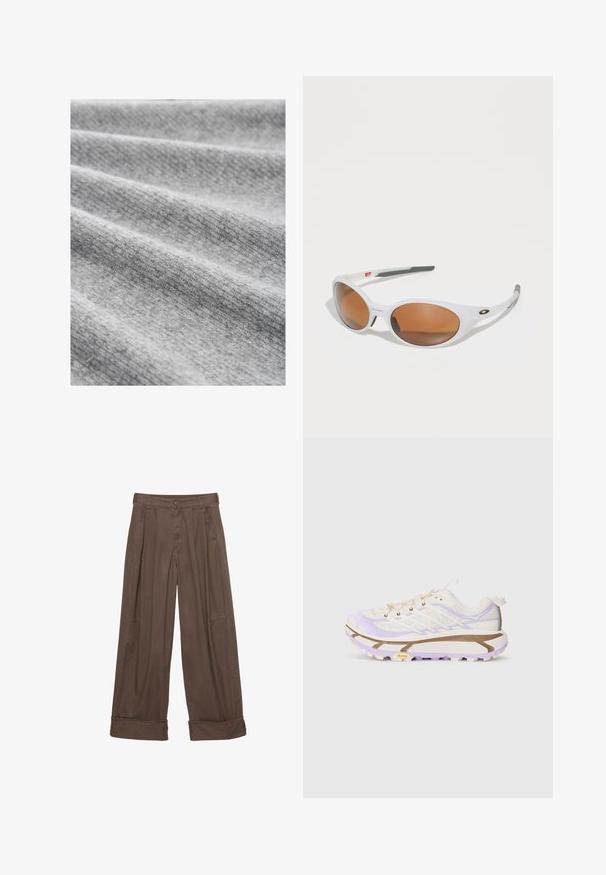 Hellgrauer Stoff mit feiner Textur, der weiche Falten und ein leicht meliertes Muster zeigt und ein gemütliches und warmes Erscheinungsbild vermittelt.; Weißes T-Shirt mit kurzen Ärmeln, rundem Halsausschnitt, lockerer Passform und leicht abgerundetem Saum. Hergestellt aus einem glatten, weichen Stoff mit minimalen Nähten.; Braune weite Hosen aus Baumwolle mit Knopfverschluss, gefältelter Vorderseite und umgeschlagenen Säumen für einen entspannten Sitz.; Leichte Laufschuhe mit einem Obermaterial aus Creme- und Lavendel-Mesh, verstärkter Gummisohle und ausgeprägten Rillen für besseren Halt.; Weiße Sonnenbrille mit braunen Gläsern, ovale Form, aus glattem Kunststoff, mit grauen Akzenten an den Bügeln und einem Logo auf dem Rahmen.