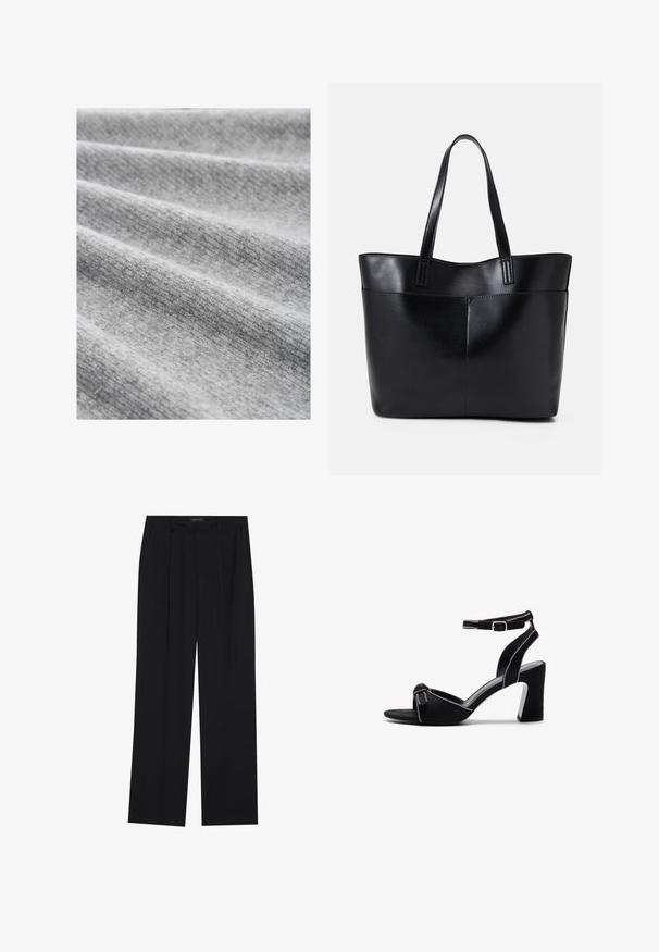 Világosszürke szövet finom textúrával, lágy redőkkel és enyhén melírozott mintával, amely otthonos és meleg megjelenést kölcsönöz.; Fekete nadrág egyenes szárú kialakítással, két első zsebbel és derékrésszel. Simának és könnyű anyagból készült.; Fekete velúr magassarkú szandál széles tömbsarkal, állítható boka hevederrel, nyitott orral és kontrasztos varrással.; Fekete bőr bevásárlótáska két hosszú fogantyúval, sima felülettel és strukturált formával. Elülső zseb található rajta a plusz tárolás érdekében.