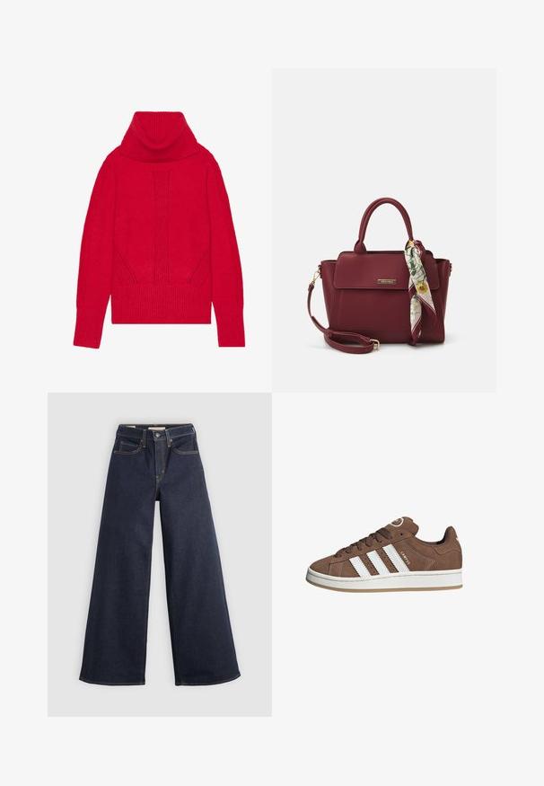 Crveni pleteni pulover s visokim ovratnikom, koji se odlikuje rebrastom teksturom, vertikalnim detaljima te širokim rebrastim manžetama i rubom. Mekana, gusta tkanina.; Bijela košulja dugih rukava s gumbima i oštrim kragnom, prikazana na jednobojnoj bijeloj pozadini.; Široke traperice tamnoplave boje s kontrastnim šavovima. Sadrže klasičan dizajn s pet džepova i dugme na struku.; Smeđe nubuk tenisice s bijelim kožnim prugama, gumeni potplat, okrugli nos i vezanje sprijeda. Imaju logo na jeziku i perforirane detalje.; Bordo torbica napravljena od sintetičkog materijala sa strukturiranim dizajnom, koja ima odvojivi remen i cvjetni šal vezan za ručku.