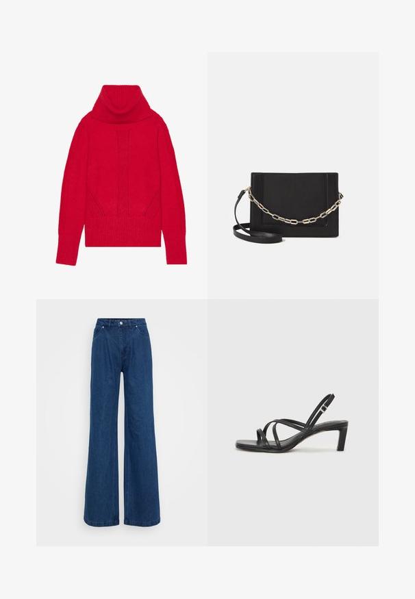 Maglione a collo alto lavorato a maglia rossa caratterizzato da una texture a coste, dettagli verticali e ampie maniche e orlo a coste. Tessuto morbido e spesso.; Jeans in denim blu a gamba larga con vita alta, chiusura frontale con bottone e zip, e tasche anteriori e posteriori su uno sfondo semplice.; Sandalo nero con cinturini, dalla punta squadrata e tacco basso a blocco. Presenta diversi cinturini sottili e una cinturini regolabile alla caviglia. Realizzato in pelle liscia.; Borsa a tracolla nera in pelle con una texture liscia, forma rettangolare e dettaglio in catena metallica sul davanti. Inclusa una tracolla regolabile.; Anello doppio in argento con superficie liscia e lucida. Presenta un design fluido e curvo con sezioni sovrapposte per un aspetto moderno.