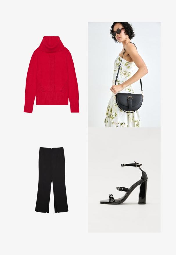 Punainen neulepusero, jossa on pystyraidoitus, ribbiteksturointi sekä leveät ribbikäänteet ja helma. Pehmeää, paksua kangasta.; Mustat housut suoralinjaisella leikkauksella, joissa on etutaskut ja sivurei'ät helman alla. Valmistettu pehmeästä ja sileästä kankaasta. Sopii eri tilaisuuksiin.; Musta kiiltävä korkokenkä sandaalit neliönmuotoisella varpaalla, nilkkaremmillä ja hopeisilla soljilla. Varustettu tukevalla lohkokorkealla vakauden takaamiseksi.; Musta nahkainen käsilaukku, joka on kaareva muotoilultaan, irrotettavalla hihnalla ja kultaisilla yksityiskohdilla. Laukussa on läppä, jossa on solk yksityiskohta.