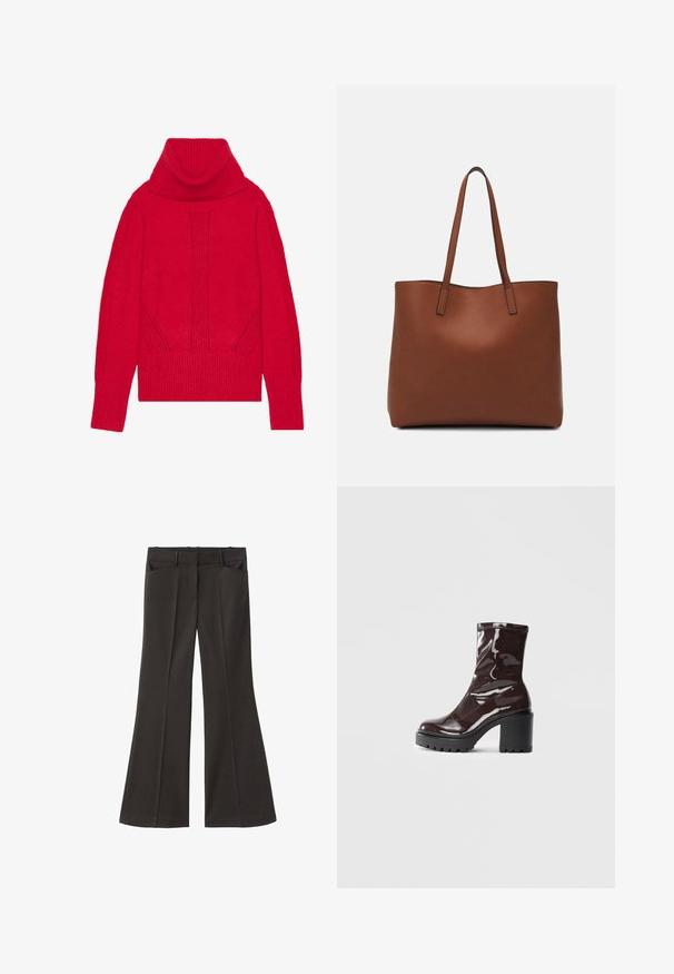 Pulover roșu din lână tricotat cu guler înalt, având o textură țesută, detalii verticale și manșete și tiv late cu textură ribbed. Material moale și gros.; Pantaloni evazați negri, cu talie înaltă; au două buzunare frontale și o textură de stofă netedă. Potriviți pentru diverse ocazii.; Botine lucioase burgundy, cu toc gros negru, având o textură netedă și un design simplu. Fără închideri sau modele vizibile.; Geantă de umăr din piele maro cu o textură netedă, design cu vârf deschis și două curele pentru umăr. Prezintă cusături minime și fără componente metalice vizibile.