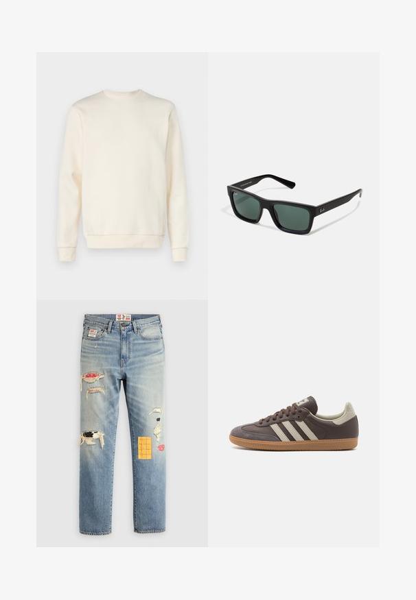 Only & Sons ONSCERES CREW NECK - Sudadera - antique white; Jeans de mezclilla azul claro con un corte relajado, que presentan parches rasgados en varios colores y patrones, incluyendo acentos en naranja y rojo.; Zapatilla de cuero marrón con tres rayas de color claro, suela de goma, puntera redondeada y acentos de ante texturizados en el talón y la punta.; Gafas de sol rectangulares negras con lentes verdes, con un acabado mate, patillas rectas y el logo de Ray-Ban en un lado.