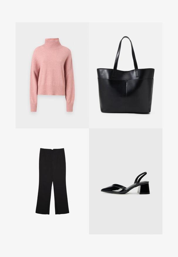Svijetlopinkasti, debeli pleteni džemper s visokim ovratnikom, dugim rukavima i rebrastim rubom. Mekana tekstura, skraćeni dizajn i opušteni kroj.; Crne hlače ravnog kroja, s prednjim džepovima i bočnim prorezima na rubu. Izrađene od mekog i glatkog materijala. Pogodne za razne prigode.; Crne lakirane kožne sandale s otvorenom petom i špicastim vrhom, s geometrijskom blok petom. Imaju elegantan, minimalistički dizajn i glatku teksturu.; Crna kožna torba s dugim ručkama, glatkom teksturom i strukturiranim oblikom. Ima prednju džep za dodatno pohranu.