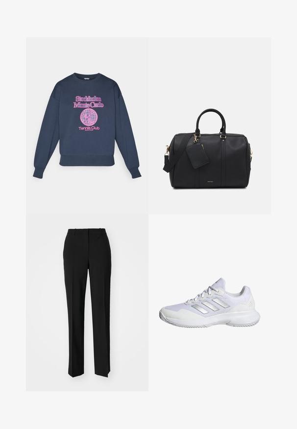 Námořnická modrá mikina s kulatým výstřihem, se silným růžovým grafickým textem "Stockholm Monte Carlo" a designem globusu s nápisem "Tennis Club" pod ním.; Černé kalhoty na míru se střihem do rovna, které mají hladkou texturu a ostré sklady na přední straně. Bez viditelného kování.; Bílé sportovní tenisky s vrchní částí ze síťoviny, texturovanými panely a stříbrnými akcenty. Disponují polstrovanou podrážkou a kulatou špičkou.; Černá taška přes rameno z umělé kůže se zlatými detaily, dvojitými horními rúčkami, nastavitelným ramenním popruhem a odnímatelnou kapsou na štítek.