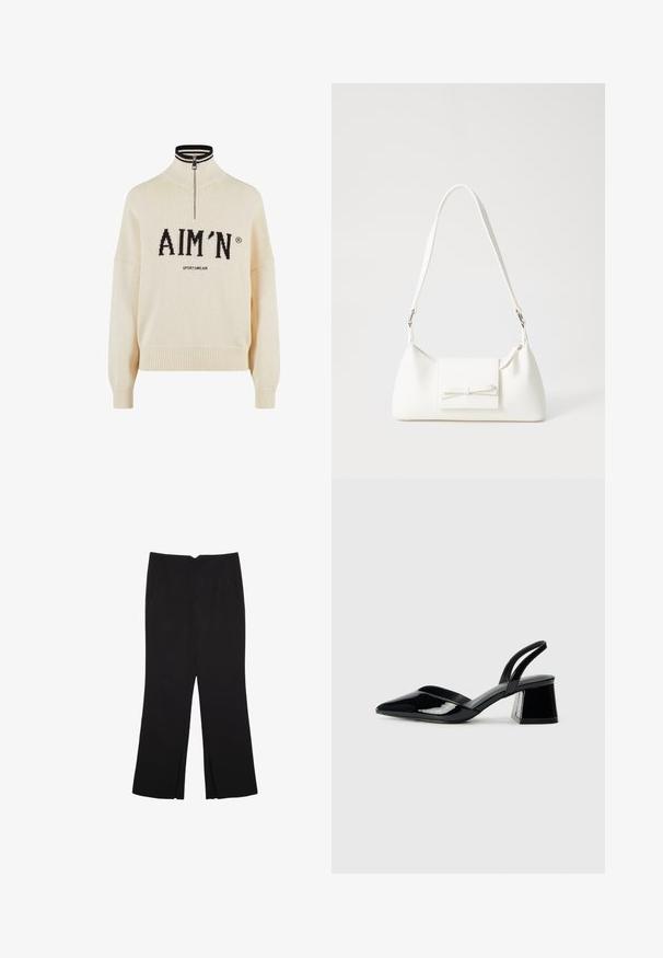 Kerman villapaita, jossa on korkea kaulus ja neljännesvetoketju. Paidassa on musta "AIM'N" -logo ja "SPORTSWEAR" -teksti, ribatut hihansuut ja helma, neulottu rakenne.; Mustat housut suoralinjaisella leikkauksella, joissa on etutaskut ja sivurei'ät helman alla. Valmistettu pehmeästä ja sileästä kankaasta. Sopii eri tilaisuuksiin.; Mustat patentoitu nahkakengät, joissa on säären takaosa ja terävä kärki, sekä geometrinen palikkakorko. Sisältää tyylikkään, minimalistisen muotoilun ja sileän pinnan.; Valkoinen synteettinen käsilaukku, jossa on kolmikulmainen muoto, tasainen etu läppä ja nauhadetail, säädettävä olkahihna, sileä rakenne ja minimalinen muotoilu.