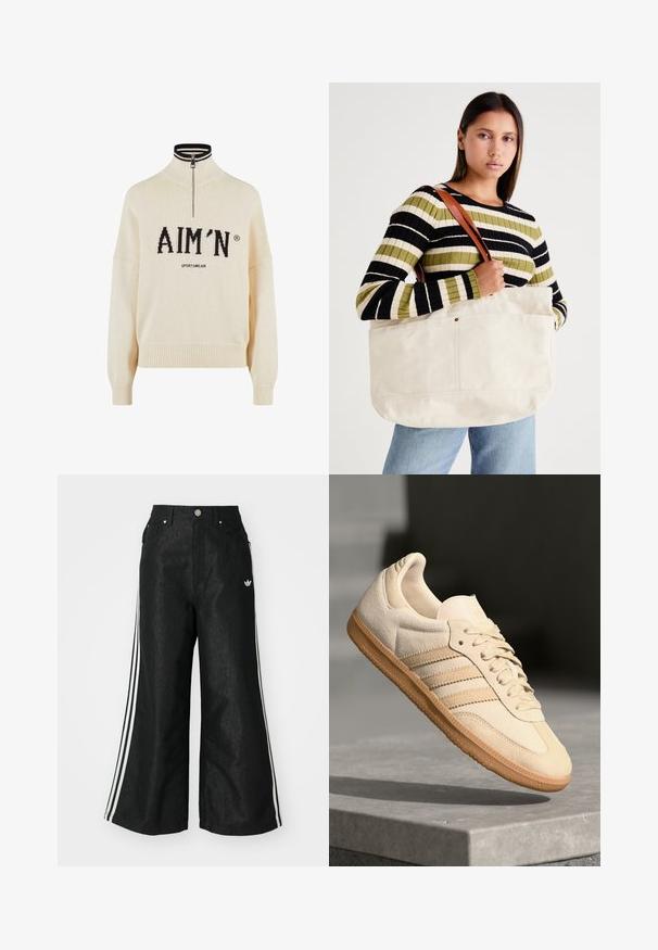 Krémový svetr s vysokým krkem a čtvrtinovým zipem, s černým logem "AIM'N" a textem "SPORTSWEAR", žebrované manžety a lem, pletená textura.; Černé široké džíny s třemi bílými pruhy po stranách a malým bílým logem. Obsahují přední kapsy a zapínání na knoflík.; Světlé béžové semišové tenisky s gumovou podrážkou, třemi diagonálními pruhy a texturovanou špičkou. Na jazyku a boku se nachází logo.; Velká béžová plátěná taška s hnědými koženými rukojeťmi, s minimalistickým designem a viditelnými švy.