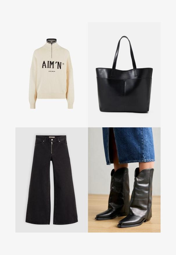 Pull crème à col haut et zip quart, avec le logo noir "AIM'N" et le texte "SPORTSWEAR", poignets et ourlet côtelés, texture tricotée.; Jean large en denim noir avec une fermeture éclair à l'avant, un design à cinq poches et des détails de couture subtils. Texture lisse et style décontracté.; Pavement CALLISTA - Bottes de cowboy / motard - black; Sac fourre-tout en cuir noir avec deux longues poignées, une texture lisse et une forme structurée. Dispose d'une poche avant pour un rangement supplémentaire.