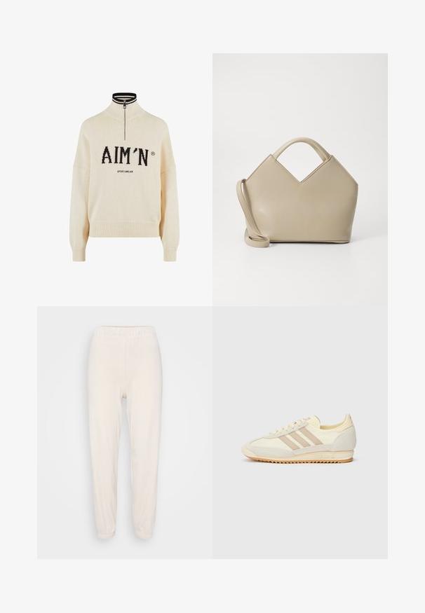 Crème trui met hoge hals en kwartrits, voorzien van zwart "AIM'N" logo en "SPORTSWEAR" tekst, geribbelde manchetten en onderrand, gebreide textuur.; Lichtbeige sweatpants met een elastische tailleband en boorden. Gemaakt van zachte stof, met een relaxte pasvorm en een gladde textuur.; Crème sport sneaker met drie beige strepen, suède en textielmaterialen, een gestructureerde zool en geperst logo op de hiel.; Beige gestructureerde handtas met een V-vormige bovenkant, van glad leder, korte handvatten en een lange verstelbare schouderriem. Minimalistisch ontwerp.