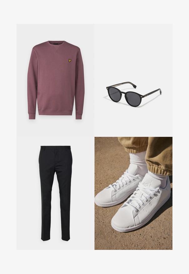 Lyle & Scott CREW NECK - Pusa - highland mauve; Mustmustritsed mustad püksid sirge istumisega, valmistatud siledast kangast. Varustatud vööloopide ja voldiga esiosal.; Valged nahast tossud siledal pinnal, klassikalise paeltega kinnitusega, ventilatsiooni jaoks perforatsioonide ning tekstureeritud kummist välispinnaga.; BOSS Päikeseprillid - black