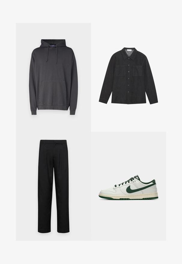 Grauer Hoodie aus weichem Stoff, mit einer vorderen Kängurutasche, Kapuze mit Kordeln und gerippten Bündchen und Saum.; Dunkelgraues Hemd aus strukturierter Stoff, mit spitzem Kragen, Knopfleiste und zwei Brusttaschen. Lange Ärmel mit knöpfbaren Manschetten.; Schwarze Hose aus glattem Stoff, mit geradem Bein Design, zwei vorderen Falten und einem Standardbund mit Gürtelschlaufen.; Weiße Low-Top-Sneaker mit dunkelgrüner Nike-Swoosh, Schnürsenkeln und Akzenten an der Sohle, im Profil auf einem schlichten weißen Hintergrund abgebildet.