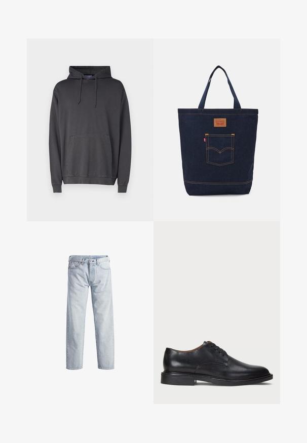 Un hoodie gris en tissu doux, avec une grande poche kangourou à l'avant, une capuche avec des cordons de serrage, et des poignets et un ourlet côtelés.; T-shirt en coton blanc à manches courtes, col rond, avec un logo "Levi's" discret imprimé en couleur claire sur le devant.; Jean en denim bleu clair avec un design à jambe droite, fermeture à boutons, cinq poches et une texture de décoloration subtile. Il présente des accents en métal.; Chaussure de ville en cuir noir avec un bout rond, un laçage et un petit talon empilé. Texture lisse avec des détails de couture minimaux.; Sac en denim bleu foncé avec deux poignées, coutures visibles et une poche avant arborant un patch logo classique.