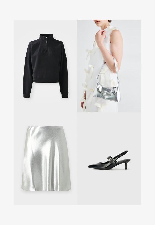 Melnā apgrieztā džemperī ar augstu apkakli, ceturtdaļas rāvējslēdzēju un ribotu sniedzienu. Izgatavots no mīksta materiāla ar diskrētu zīmolu uz priekšpuses.; Sudraba metāliska mini svārki ar gludu tekstūru un vieglu spīdumu. Raksturīgs izplešams dizains un vienkārša, tīra mala.; Melnas lakotas ādas sūkņa kurpes ar norādītu purngali un mazu bloku papēdi, ar sudraba sprādzi akcentā uz jostas.; Sudraba metāla rokassoma ar struktūru formu, aprīkota ar augšējo rokturi un priekšpusē esošu loku. Gluda tekstūra, atstarojoša virsma.
