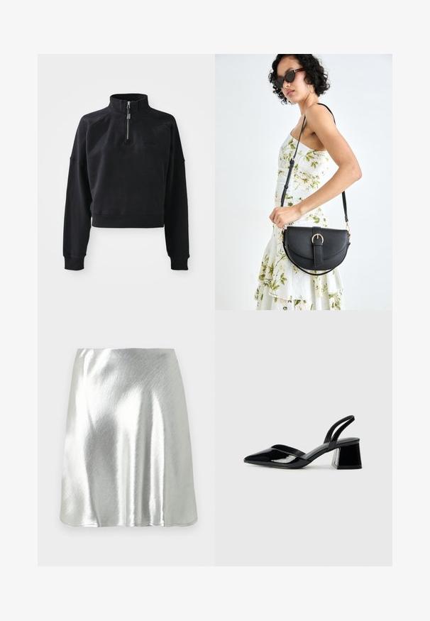 Sudadera negra recortada con cuello alto, cremallera de cuarto y puños acanalados. Hecha de un material suave con un logo sutil en la parte delantera.; Minifalda metálica plateada con una textura suave y un ligero brillo. Presenta un diseño acampanado y un dobladillo sencillo y limpio.; Zapatos de tacón slingback de charol negro con punta afilada y tacón geométrico en bloque. Presentan un diseño elegante y minimalista, así como una textura suave.; Bolso de piel negra con forma curva, correa desmontable y herrajes dorados. El bolso cuenta con una solapa con un detalle de hebilla.