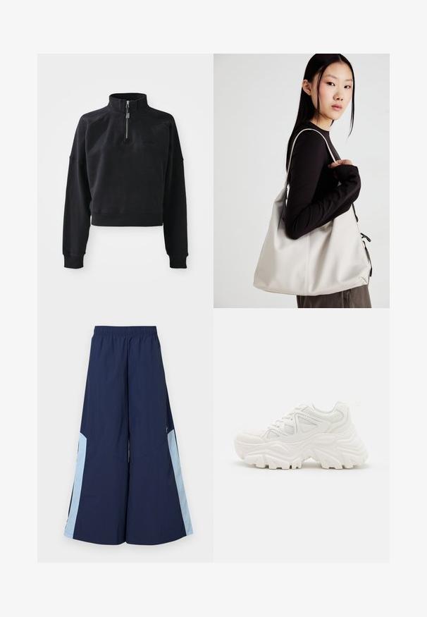 Sweatshirt cropped preto com colarinho alto, fecho de zíper de um quarto e punhos canelados. Feito de material suave com uma marcação discreta na parte da frente.; Calças largas de marinha com cintura elástica, apresentando painéis laterais em azul claro e uma textura suave. Projetadas para conforto e facilidade de movimento.; Sapatilhas brancas chunky com um upper texturizado, painéis em malha e solas de borracha grossas com um padrão de nervuras proeminente. Inclui atacadores e laço para puxar.; Uma bolsa bege feita de material macio, com um design descontraído, detalhes de costura e duas alças para o ombro. Adequada para uso diário.