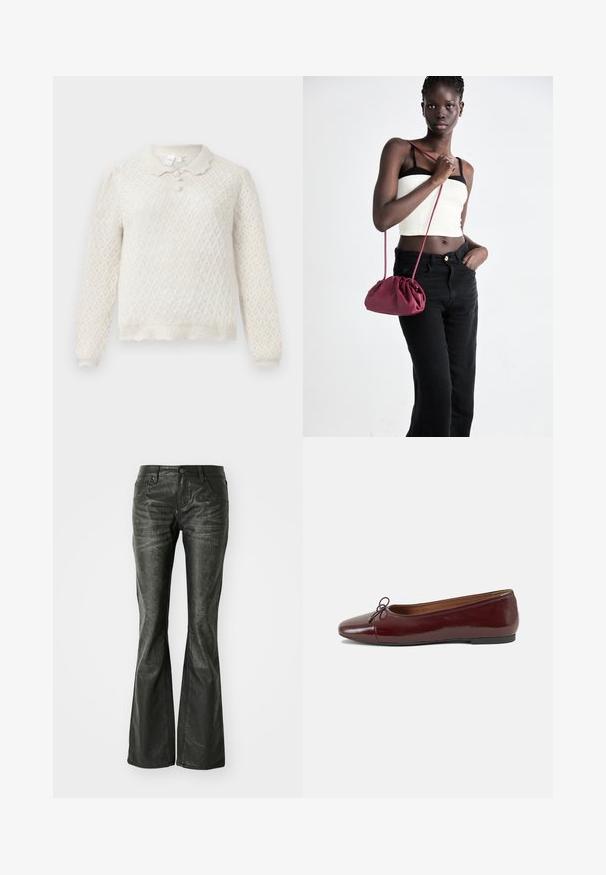 Kremfarget strikket genser med diamantmønster, lange ermer, bølget nederkant og tre knappet krage.; Sorte falske skinn flared jeans med frontlommer, metallknapplukking og en lett teksturert overflate. Rett ben med lang kutt.; Burgunderrød lakk lær ballettleilighet med rund tå, liten sløyfe foran og en lav, svart gummisåle. Glatt tekstur.; Burgunderfarget myk stoffhåndveske med en samlet design og en lang stropp, båret som en crossover. Modellen har på seg en hvit crop-top og svarte jeans.