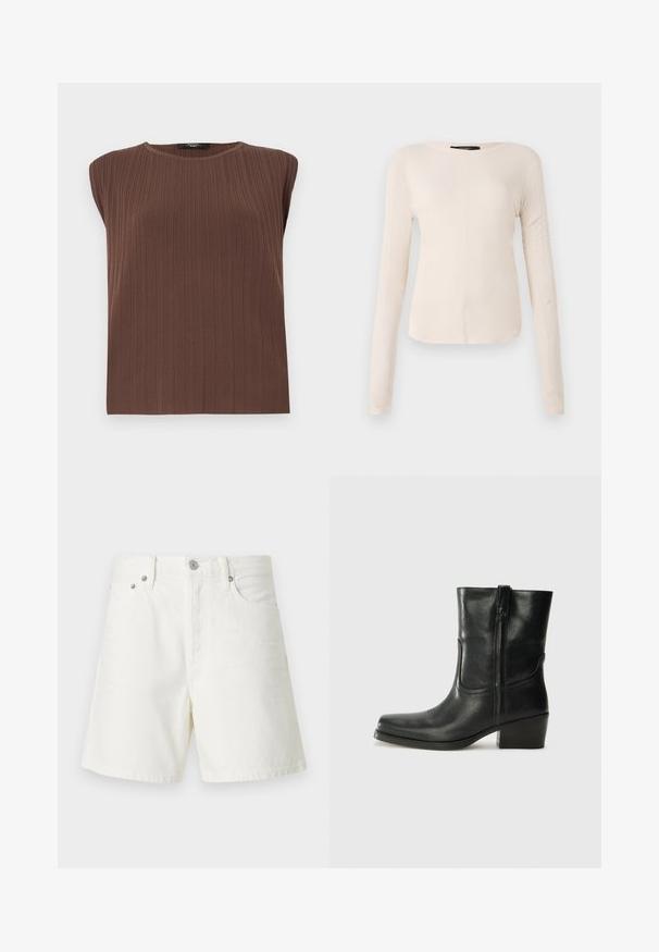Svetlo rjava rebrasta brezrokavna majica s kristalnim izrezom. Mehka tekstura, raven kroj in subtilne vertikalne črte, ki poudarjajo dizajn tkanine.; Dolga majica v svetlo bež barvi s okroglim izrezom. Narejena iz mehkega materiala, ima osrednji šiv in rahlo ukrivljen rob. Ni vidnih elementov.; Beli džins kratke hlače s ravnim krojem, pet žepnim oblikovanjem, sprednjim gumbom za zapiranje, srebrnimi dodatki in vticami.; Črne usnjene gležnjarje z zaobljenim nosom, blok peto, stransko zadrgo in šivanjem na vampu. Gladka tekstura, klasična zasnova.