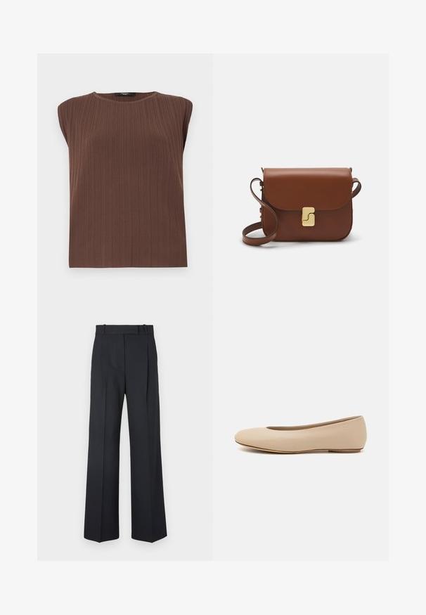 Brown ribbed sleeveless top with a round neckline. Soft texture, straight cut, and subtle vertical lines emphasizing the fabric's design.; Dark blue pinstriped trousers with a high waist, wide leg design, and no visible hardware or embellishments. Smooth texture and tailored fit.; Beige leather ballet flat with rounded toe, minimal seam detailing, low heel, and subtle logo on the back. Smooth, matte texture.; Brown leather handbag with a flap closure, gold-tone hardware, a shoulder strap, and a smooth texture. Compact rectangular shape.