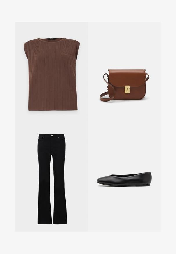 Brown ribbed sleeveless top with a round neckline. Soft texture, straight cut, and subtle vertical lines emphasizing the fabric's design.; Black flared jeans made of denim, featuring two front pockets, a button closure, and a smooth texture. Signature stitching visible at seams.; Paul Smith TOPANGA - Ballet pumps - black; Brown leather handbag with a flap closure, gold-tone hardware, a shoulder strap, and a smooth texture. Compact rectangular shape.
