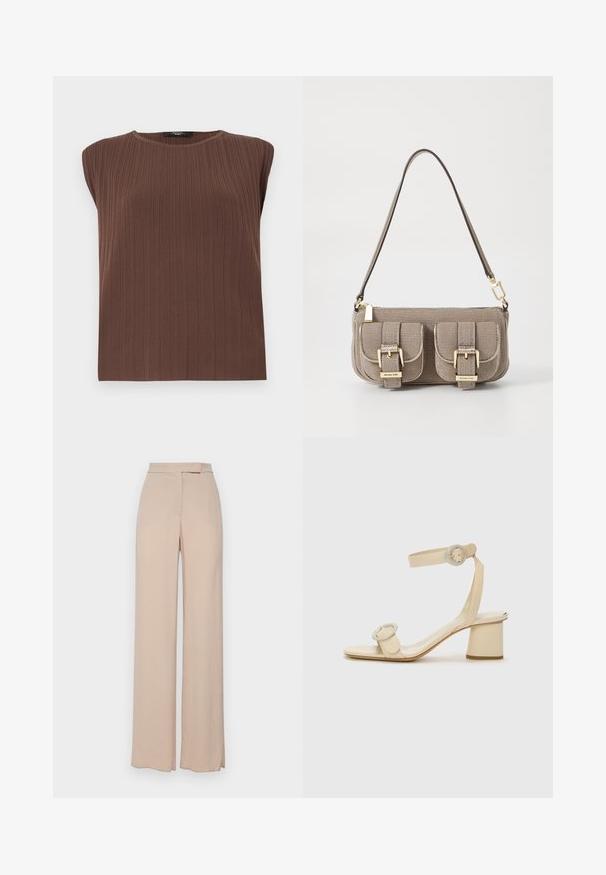 Ruda raukšlėta liemenė be rankovių su apvalia iškirpte. Minkšta tekstūra, tiesios linijos ir subtilios vertikalios linijos, pabrėžiančios audinio dizainą.; Šviesiai rudos plačių kojų kelnės, pagamintos iš lengvos medžiagos. Jos turi sklandų paviršių, priekines kišenes ir subtilų juosmens dizainą.; Šviesiai rudos spalvos aukštakulniai šlepetės minimalistiniu dizainu, su dviem apvaliais akcentais ir masyviu kulnu. Pagamintos iš lygaus odos.; Šviesiai ruda tekstūruota rankinė su reguliuojama petneša, dviem priekiniais kišenėmis, užsegamomis sagtimis, ir auksiniais aksesuarais. Uždarymas užtrauktuku viršuje.