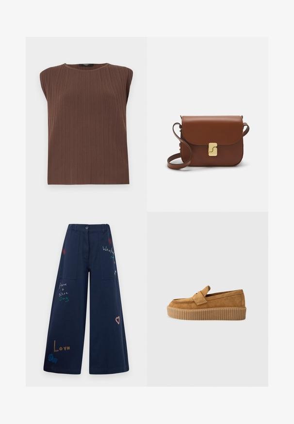 Top senza maniche ribbed marrone con scollatura rotonda. Tessuto morbido, taglio dritto e sottili linee verticali che mettono in risalto il design del tessuto.; Pantaloni a gamba larga blu navy in cotone con molteplici tasche. Presentano testi e grafica ricamati colorati, inclusi cuori e frasi giocose.; Mocassino in suede marrone con punta rotonda, dotato di suola a piattaforma rigata e una fascia decorativa sulla parte superiore.; Borsa a tracolla in pelle marrone con chiusura a pattina, hardware color oro, tracolla e una finitura liscia. Forma rettangolare compatta.