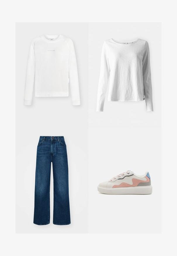 White long-sleeve sweatshirt made of soft fabric with a crew neck and raglan sleeves. Features a subtle logo print on the front.; Long-sleeve white T-shirt in soft, lightweight fabric; features a round neck and slightly relaxed fit; tag visible on the side.; High-waisted, wide-leg jeans in dark blue denim with a smooth texture, contrast stitching, and five-pocket design. Front button closure.; Low-top sneakers with a white synthetic upper, pink and gray suede accents, textured white rubber sole, and colorful laces.