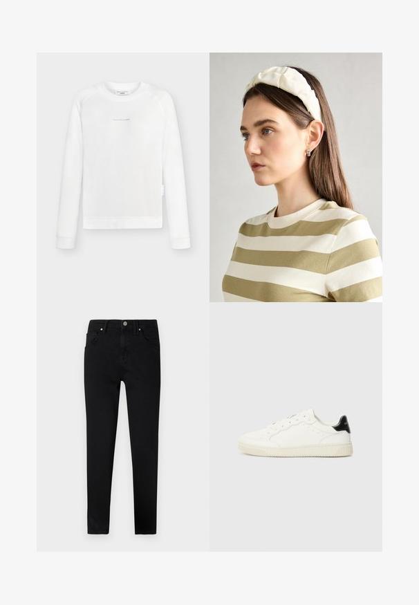 White long-sleeve sweatshirt made of soft fabric with a crew neck and raglan sleeves. Features a subtle logo print on the front.; Black denim jeans with a slim fit, featuring a front button closure, belt loops, and classic five-pocket design. Smooth texture.; White leather sneakers with round toes, lace-up front, perforated details, and a black heel accent. Textured rubber sole.; Cream padded headband with twisted design, paired with a beige and white striped shirt featuring a round neckline. Subtle jewelry accents.