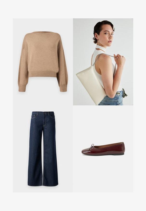 Pletený sveter v svetlo hnedej farbe. Má okrúhly výstrih, spadnuté ramená a rebrované manžety a spodný lem. Mäkká textúra a skrátený strih.; Džínsy s širokými nohavicami v tmavomodrom denime. Obsahujú kontrastné prešívanie, päť vreciek a gombíkový zips v oblasti pása. Hladká textúra.; Burgundské lakované balerínky s okrúhlou špičkou, malou mašľou na prednej strane a nízkou čiernou gumovou podrážkou. Hladký povrch.; Biely obdĺžnikový kabelka z lesklého materiálu s strieborným reťazovým popruhom. Model predvádza kabelku na jednotnom pozadí.