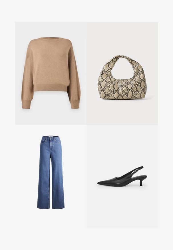 Striktrøje i en lys brun nuance. Har rund halsudskæring, dropperede skuldre samt ribkantede ærmer og nederste kant. Blød tekstur og kort design.; Lyseblå denim brede bukser med høj talje, to frontlommer og synlige stikninger. Har en knap- og lynlåslukning.; Sort læder slingback-sko med spids tå og en slank, buet hæl. Har en diskret justerbar rem med en metalspænde.; Slangeprint håndtaske med et buet håndtag. Lavet af strukturerede, beige og brune materialer, med et karakteristisk diamantmønster.