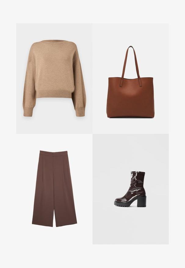 Striktrøje i en lys brun nuance. Har rund halsudskæring, dropperede skuldre samt ribkantede ærmer og nederste kant. Blød tekstur og kort design.; Brune bredbunde bukser med en glat tekstur, der har høj talje og plisseringer foran. Stoffet er let og falder løst.; Glatte burgunder ankelstøvler med en chunky sort hæl, der har en glat tekstur og et simpelt design. Ingen synlige lukninger eller mønstre.; Brun læder tote taske med en glat overflade, åben topdesign og to skulderremme. Har minimal syning og ingen synlig hardware.